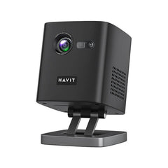 Vista del lente frontal y panel de entrada del proyector inteligente PJ218 Pro con 8000mAh | HAVIT