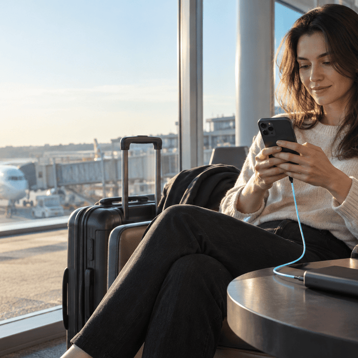Illustrative airport scene with a traveler charging a phone from an unbranded 20000mAh power bank
