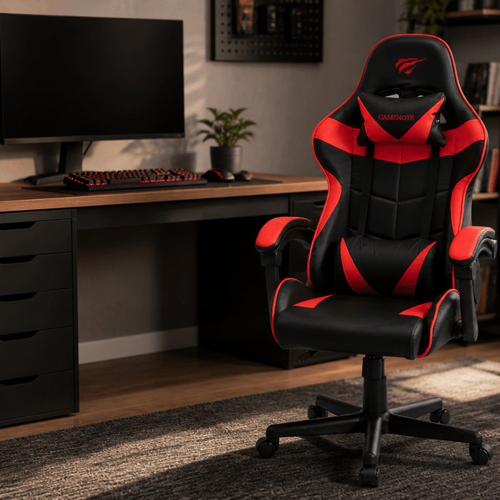 Black and red HAVIT gaming chair in a modern PC gaming room