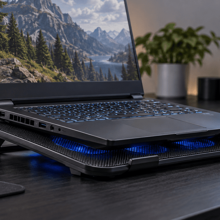 Generic gaming laptop on an open-air cooling pad in an evidence-led thermal test setup