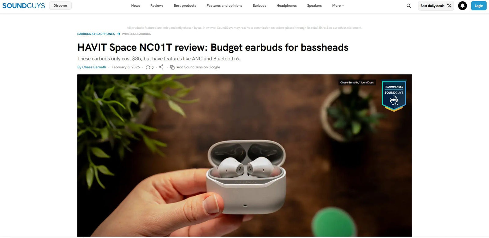 HAVIT SPACE NC01T Featured by SoundGuys — Professional Recognition from a Leading Audio Media