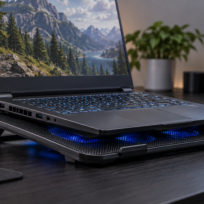 Generic gaming laptop on an open-air cooling pad in an evidence-led thermal test setup