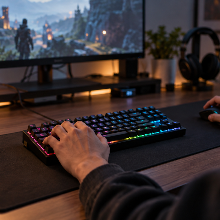 Illustrative home gaming desk with a compact RGB keyboard in active use