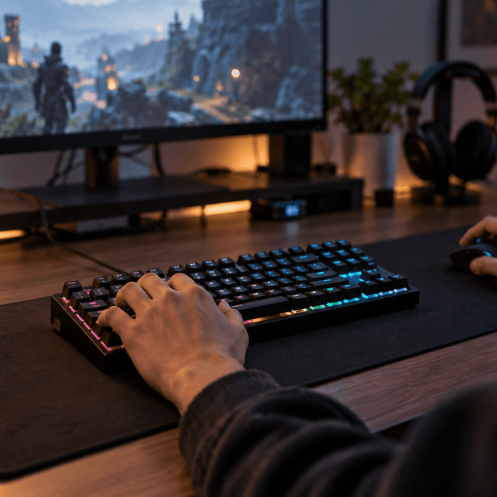 Illustrative home gaming desk with a compact RGB keyboard in active use