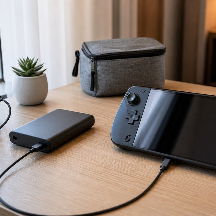 Handheld gaming PC connected to a USB-C wall charger and power bank on a hotel travel desk