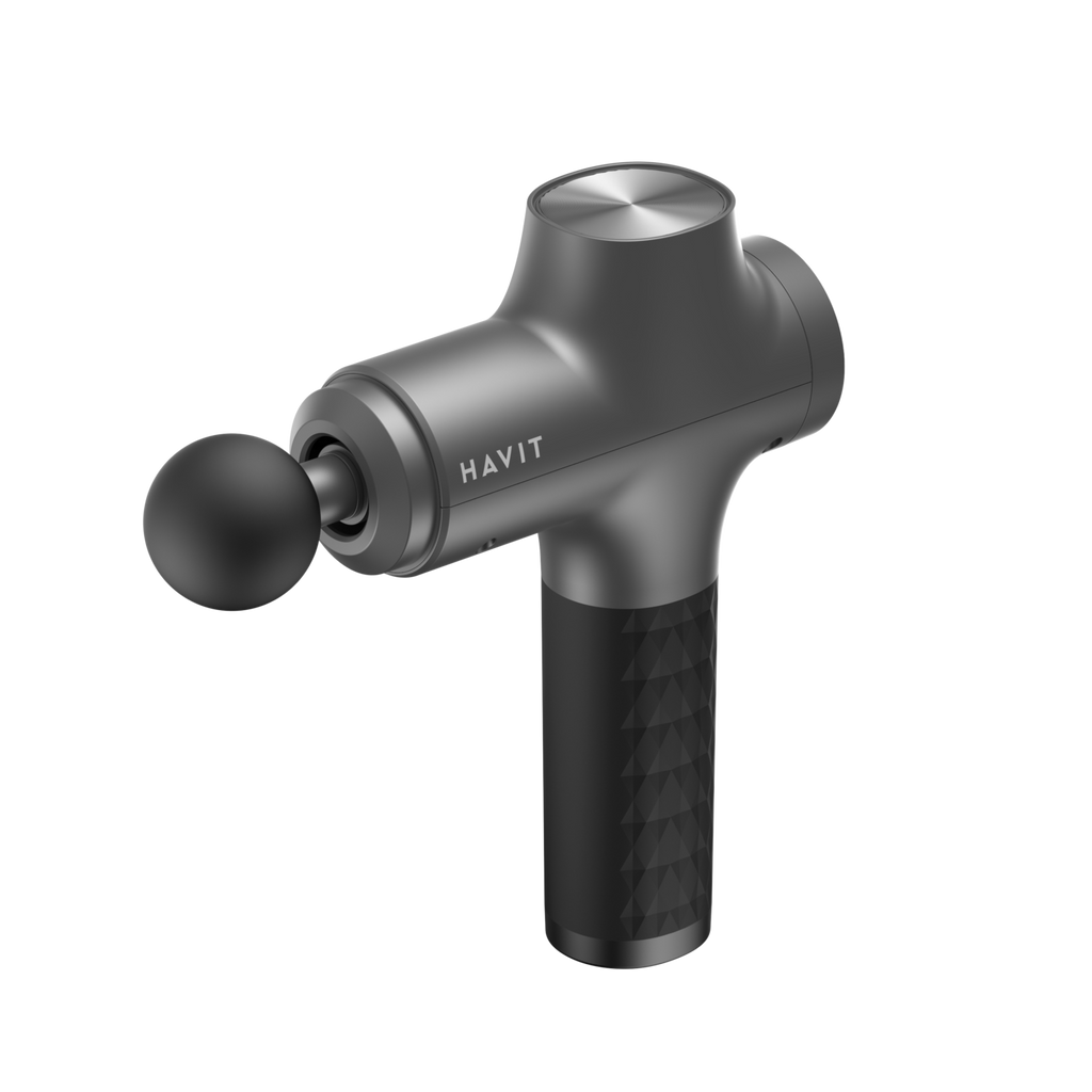HAVIT Massage Gun MG1503 in black and gray with ergonomic handle and round massage head