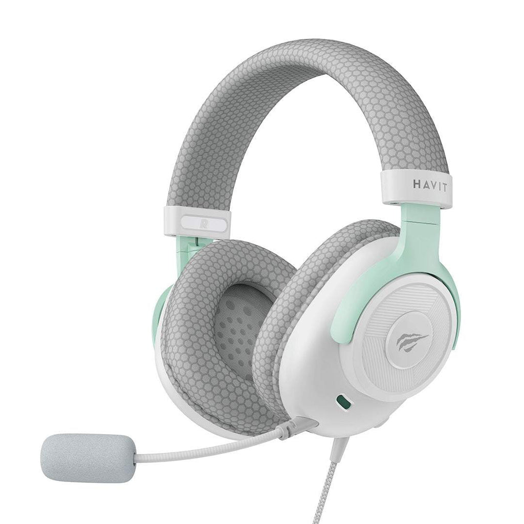 HAVIT 3.5mm Gaming Headphone H2230E white and mint green with cushioned ear pads and attached microphone