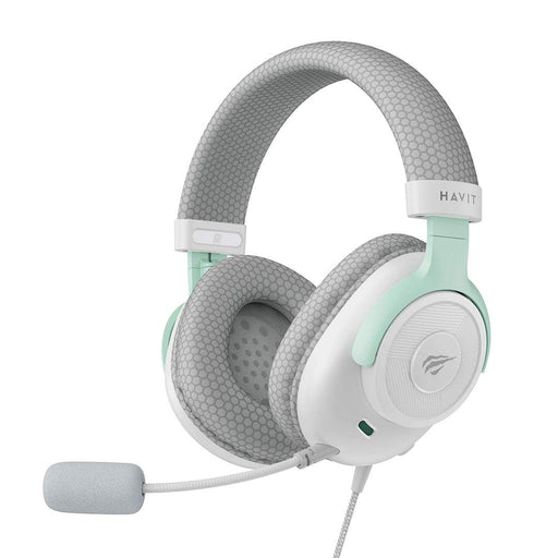 HAVIT 3.5mm Gaming Headphone H2230E white and mint green with cushioned ear pads and attached microphone