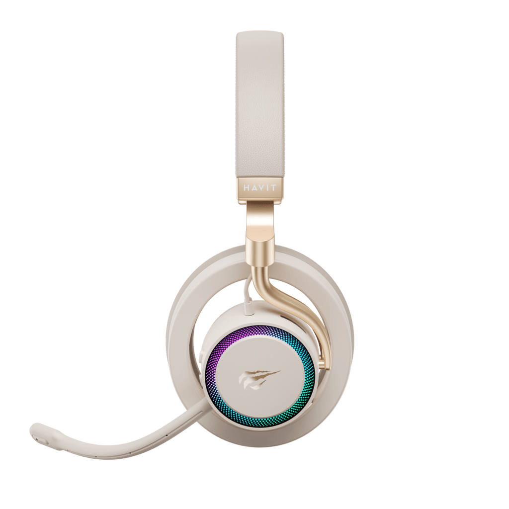HAVIT FUXI-H8 beige gaming open-back stereo headphones with RGB lighting and microphone