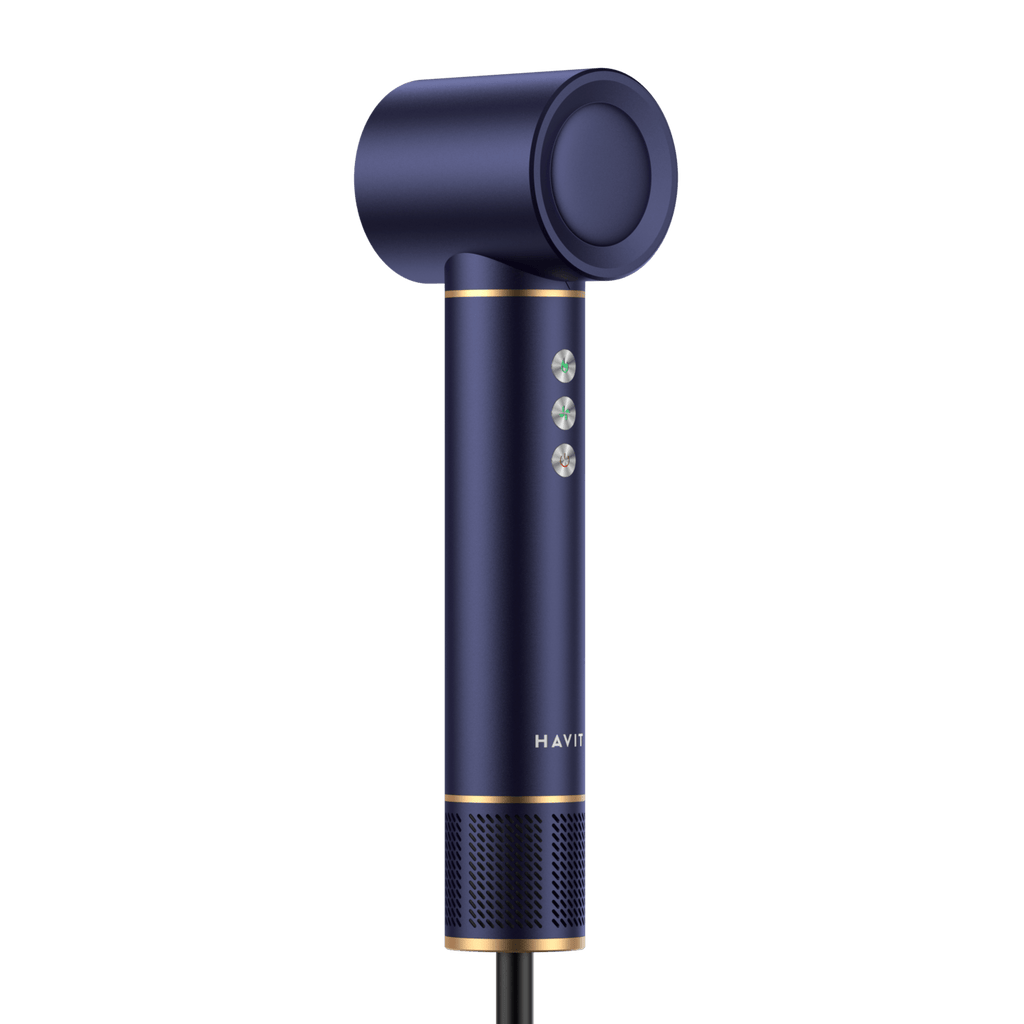 HAVIT High Speed Hair Dryer HD634 in navy blue with gold accents and control buttons