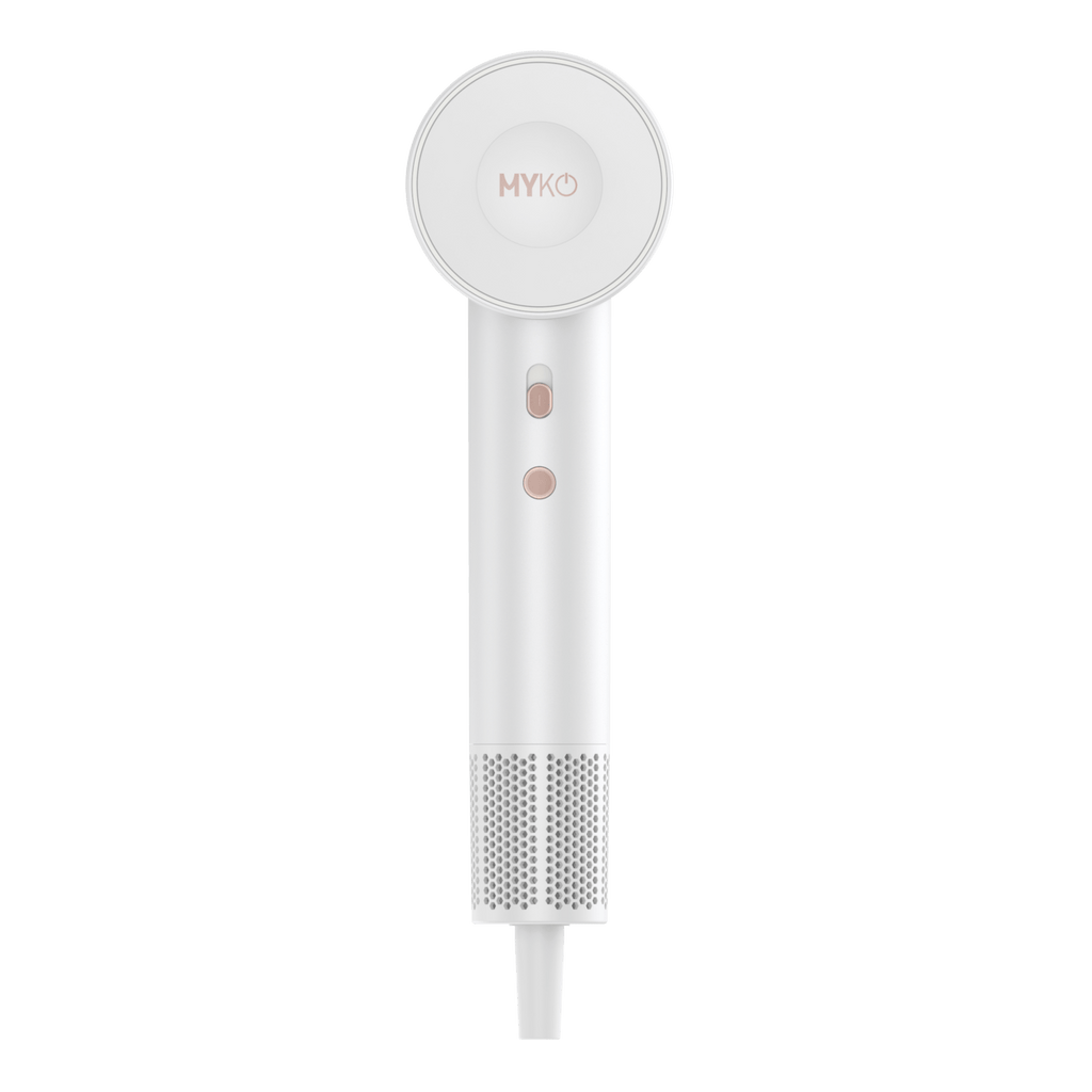 Compact white handheld HAVIT high-speed hair dryer with simple button controls and circular air outlet.