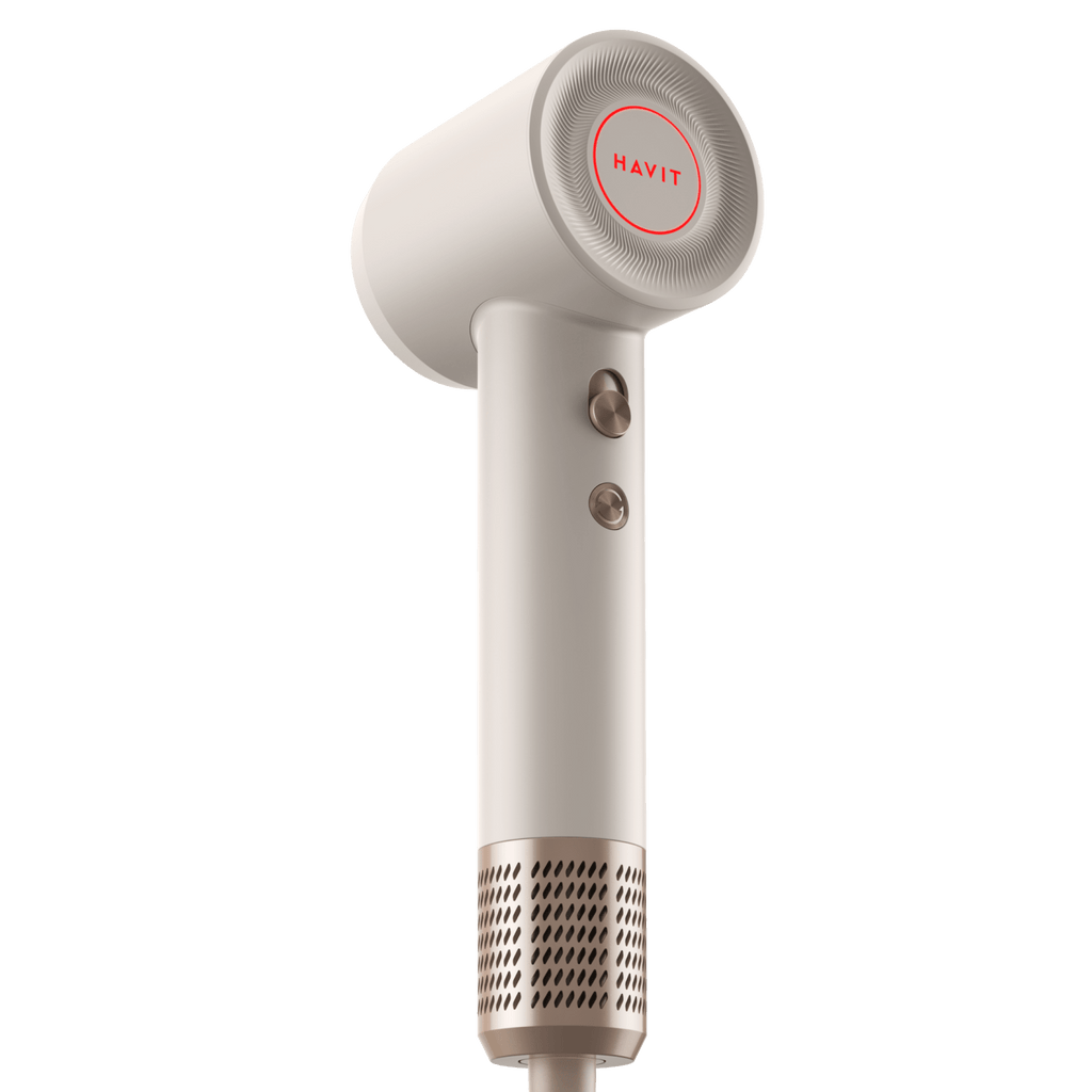 HAVIT High-Speed Hair Dryer HD709 in white with rose gold accents and dual control buttons.