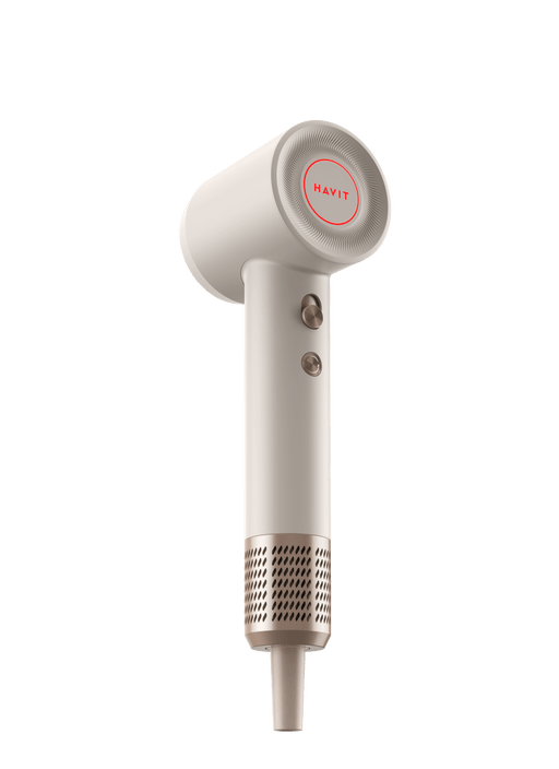 HAVIT High-Speed Hair Dryer HD709 in white with rose gold accents and dual control buttons.