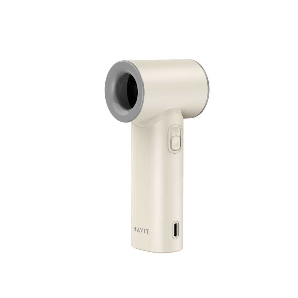 HAVIT High-Speed handheld fan HF610 in beige with USB charging port and power button