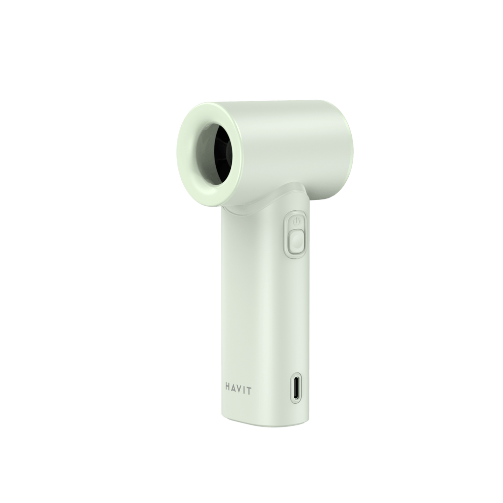 HAVIT High-Speed handheld fan HF610 in white with power button and USB charging port