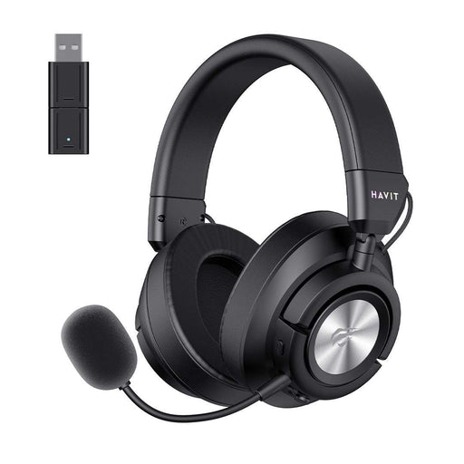 HAVIT Huaxu-X1 black gaming headset with cushioned ear cups, adjustable headband, detachable microphone, and USB wireless adapter