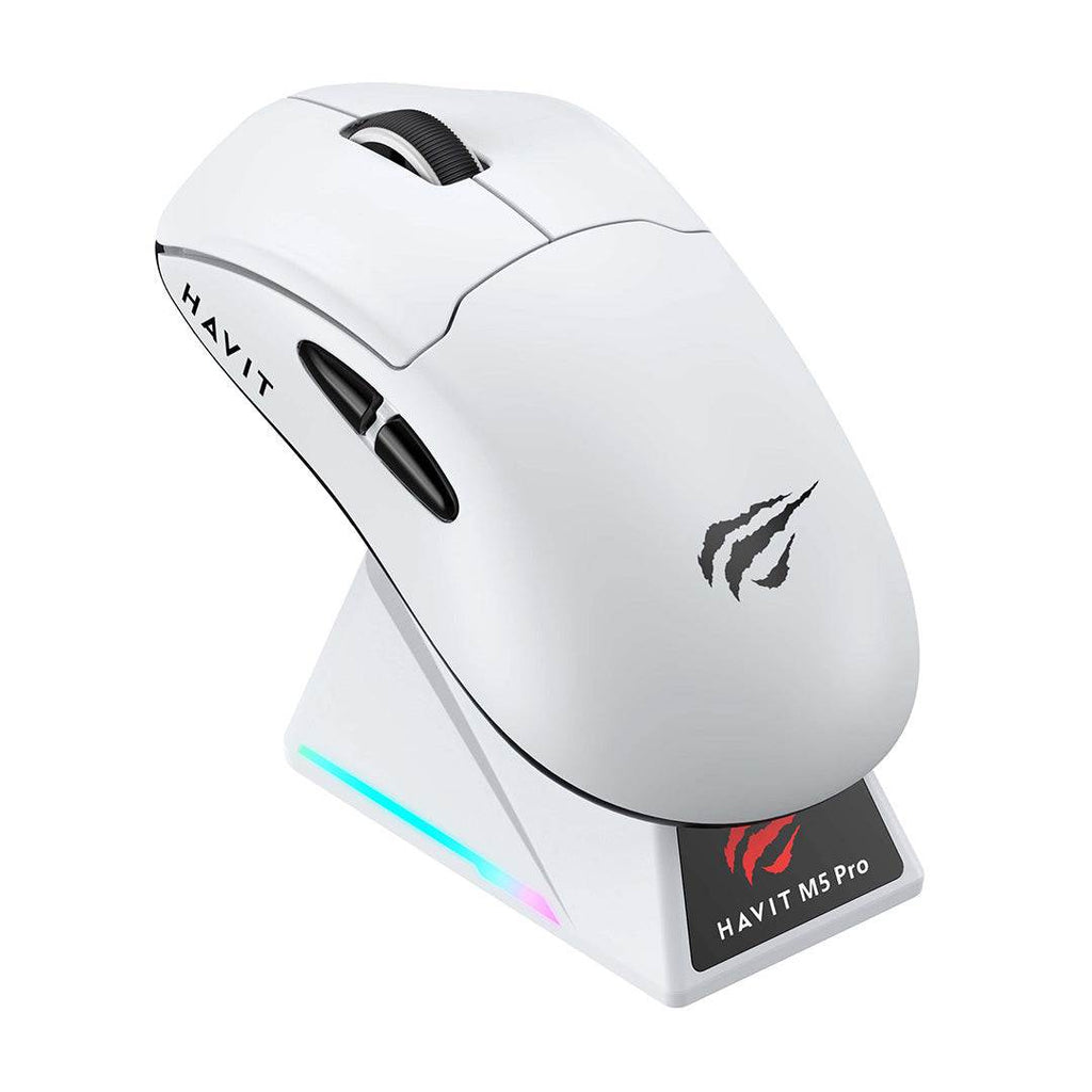 HAVIT M5 Pro white super light gaming mouse with RGB charging dock and side buttons