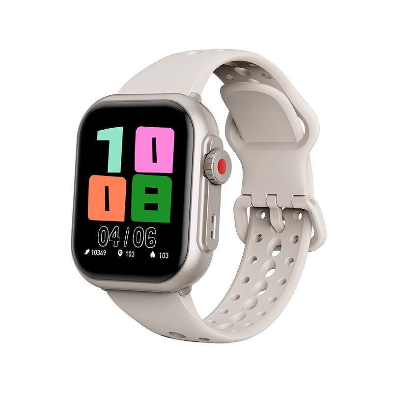 M9071 Smart Watch with colorful digital display and perforated light gray strap