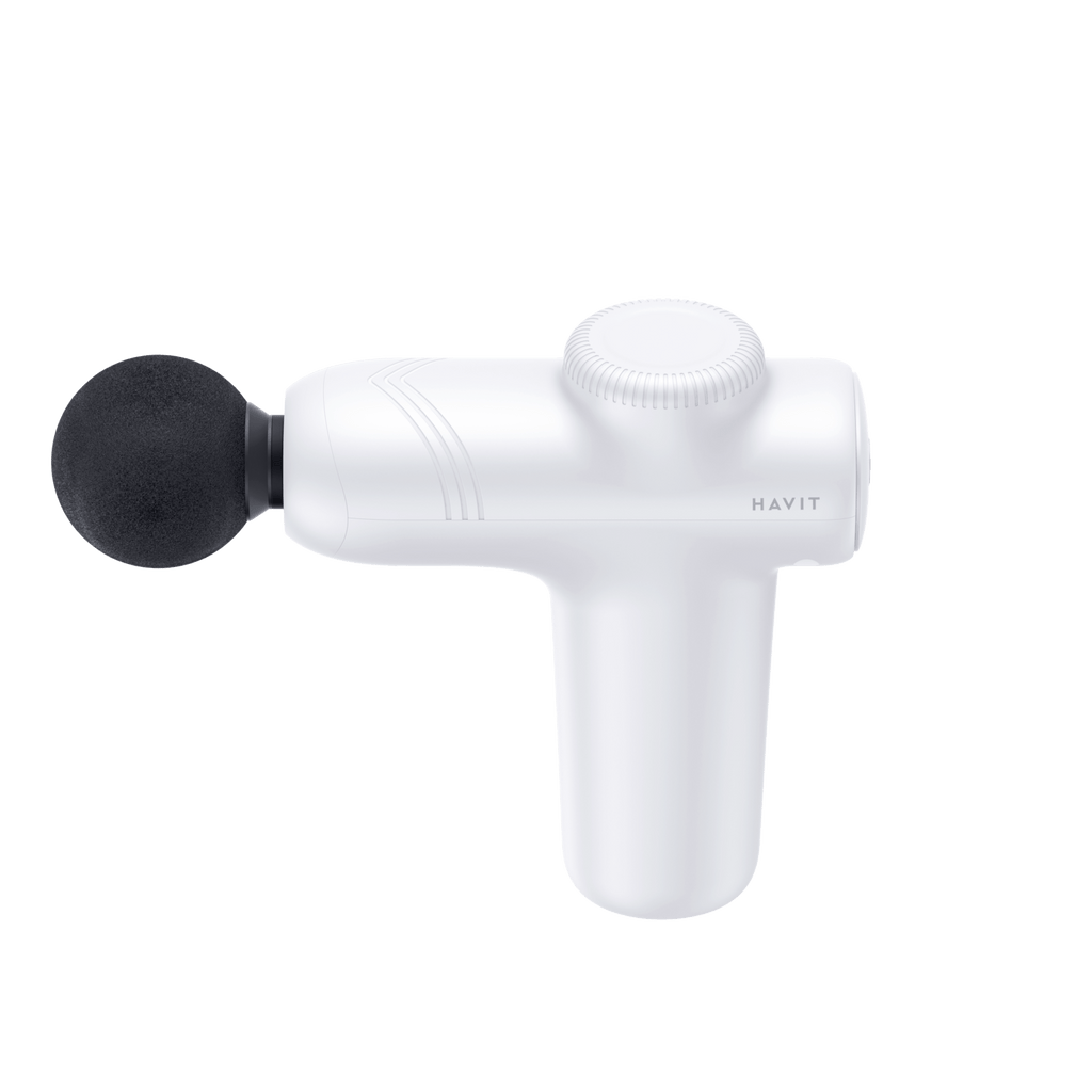 White HAVIT Massage Gun MG1508 with black round massage head on white background