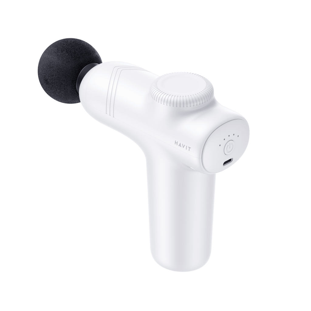 HAVIT Massage Gun MG1508 white handheld percussion muscle massager with round black attachment