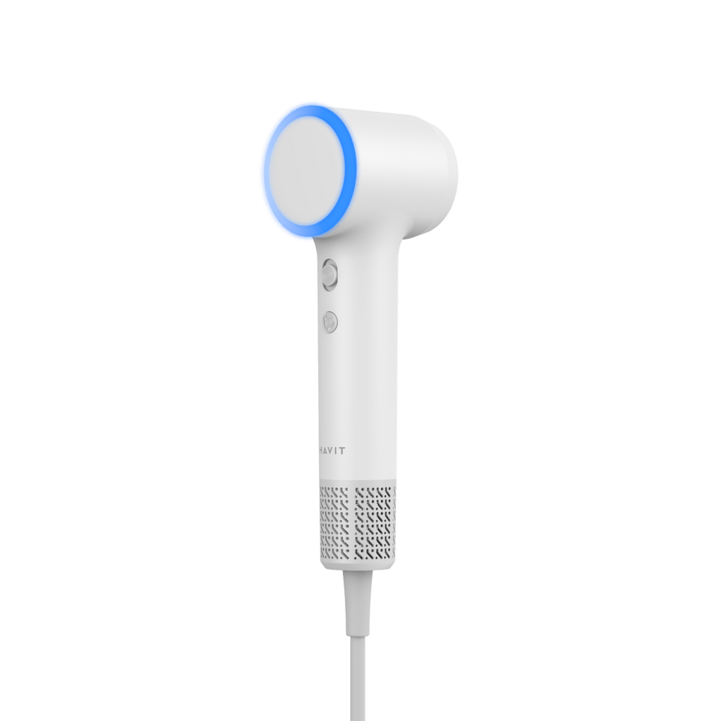 White HAVIT Mini high speed hair dryer HD072 with blue accent ring and charging cord