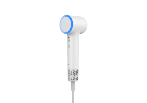 White HAVIT Mini high speed hair dryer HD072 with blue accent ring and charging cord
