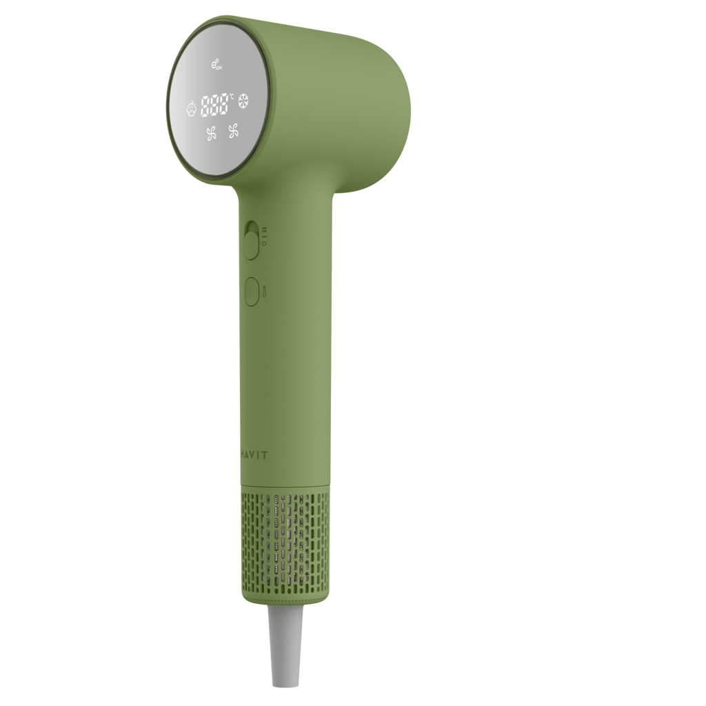 HAVIT Mini high-speed hair dryer HD073 in green with digital display and buttons
