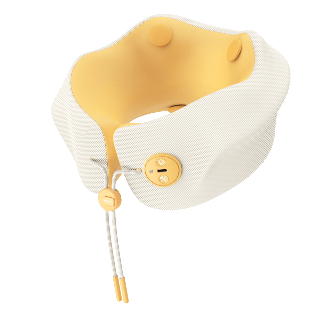 HAVIT Neck Massager NM1702 in white and yellow with control buttons and adjustable straps