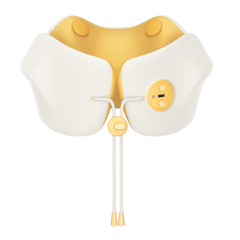 HAVIT Neck Massager NM1702 ergonomic yellow and white design with control buttons and adjustable straps