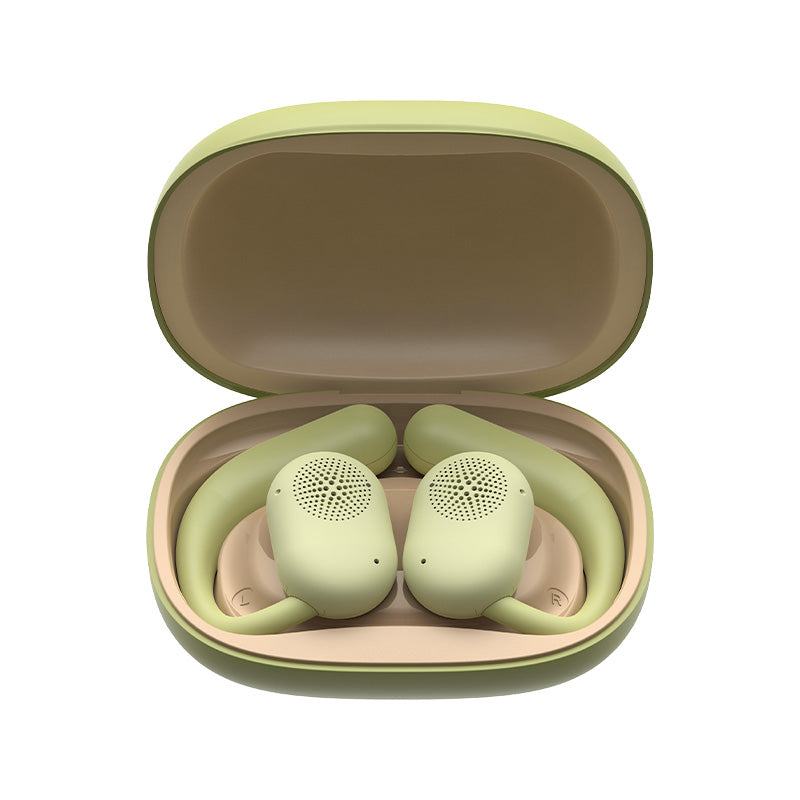 OWSFIT 1 Open Ear Wireless Earbuds 914 in olive green with open-ear design in charging case