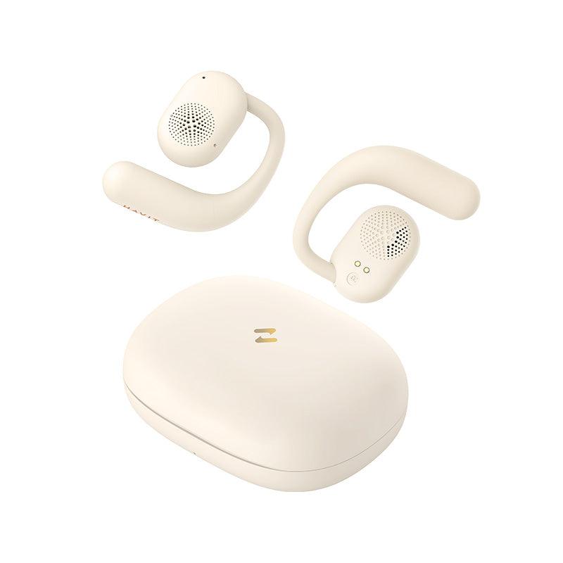 White HAVIT OWSFIT 1 Open-Ear Wireless Earbuds 914 with charging case on white background