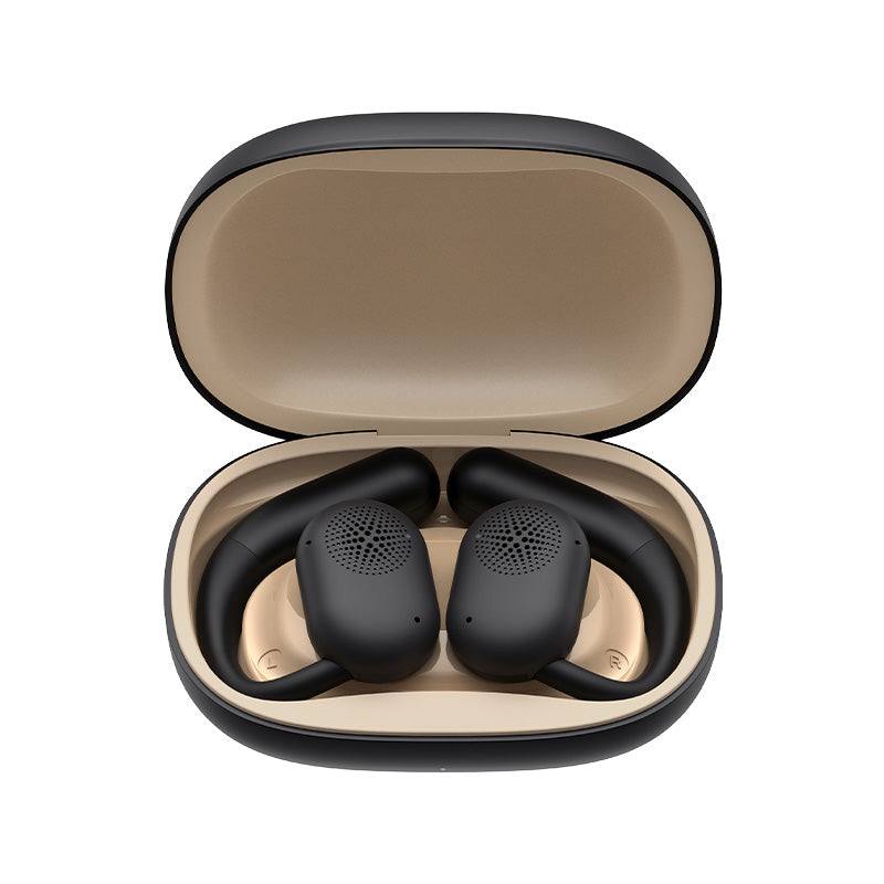 HAVIT OWSFIT 1 Open Ear Wireless Earbuds 914 in black with beige charging case open showing earbuds inside