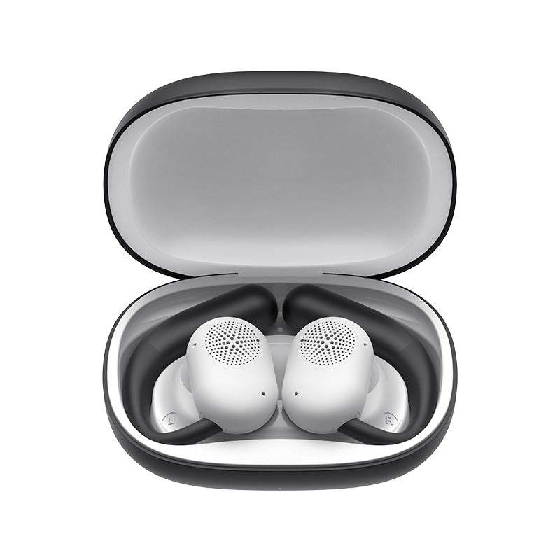 HAVIT OWSFIT 1 open-ear wireless earbuds in charging case, black and white compact design