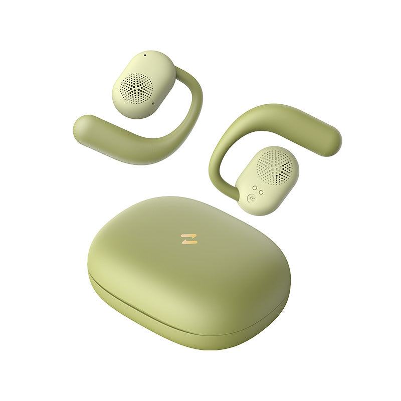 Green HAVIT OWSFIT 1 open-ear wireless earbuds with matching charging case