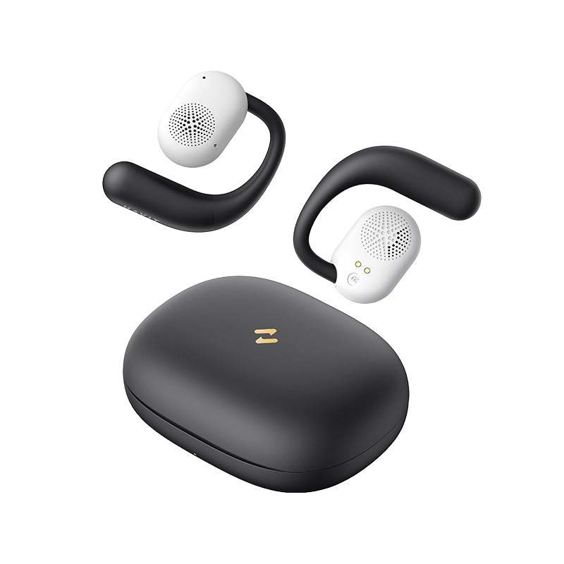 HAVIT OWSFIT 1 open-ear wireless earbuds model 914 with black charging case and white earbuds with black ear hooks