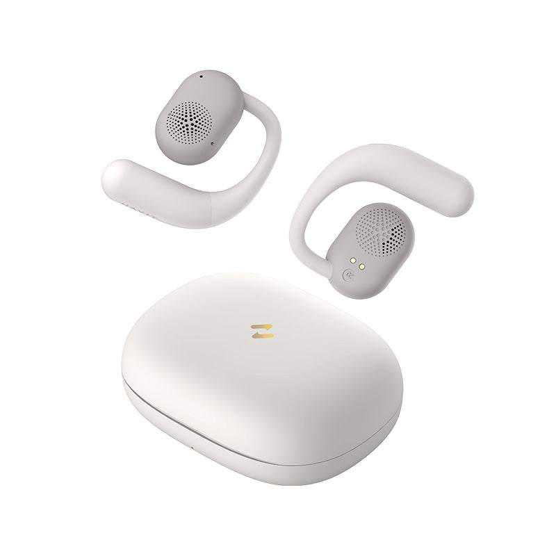 White HAVIT OWSFIT 1 Open Ear Wireless Earbuds 914 with charging case on white background
