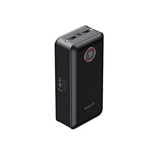 PB76 30000mAh Power Bank with Cable, black design showing USB ports and digital display.