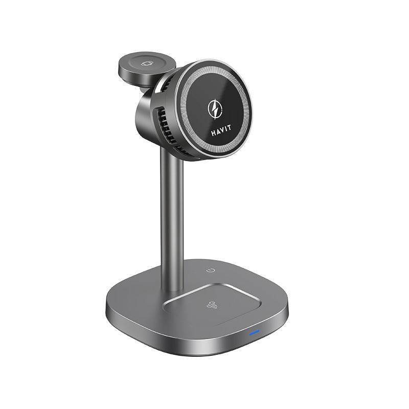 HAVIT Qi2 Magnetic 3-in-1 wireless charger stand with sleek metallic finish and charging indicators