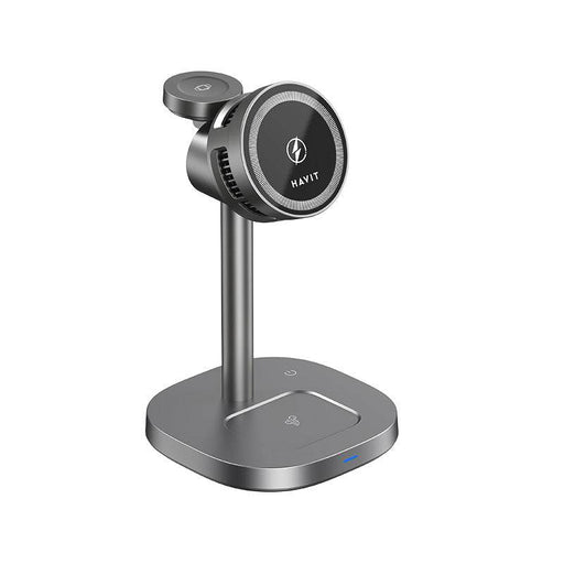 HAVIT Qi2 Magnetic 3-in-1 wireless charger stand with sleek metallic finish and charging indicators