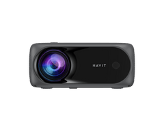 Proyector inteligente PJ221, vista frontal del lente de 27W y panel de entrada | HAVIT