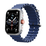 HAVIT Smart Watch M9068 with silver case and blue perforated silicone strap displaying fitness and weather data on screen