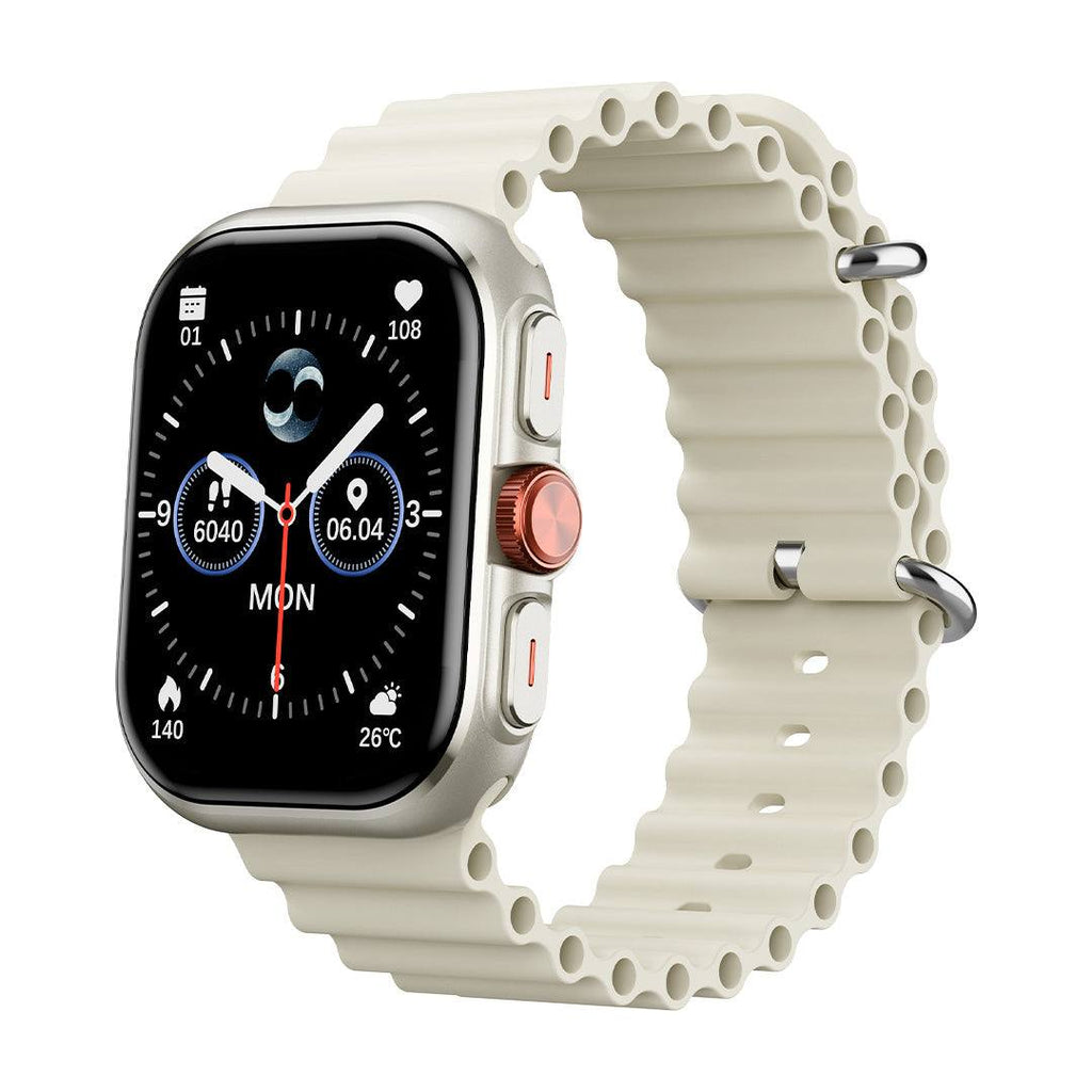 HAVIT Smart Watch M9068 with white perforated silicone band and square touchscreen display showing health and fitness metrics