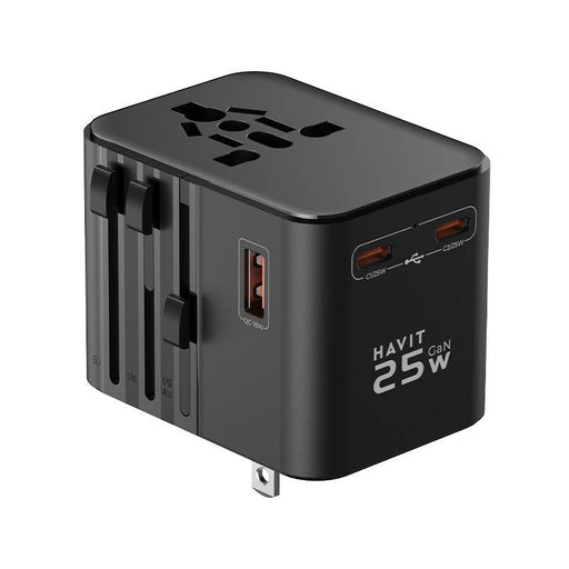 Compact black HAVIT Travel Charger UCT700 25W with multiple USB ports and international plug adapters