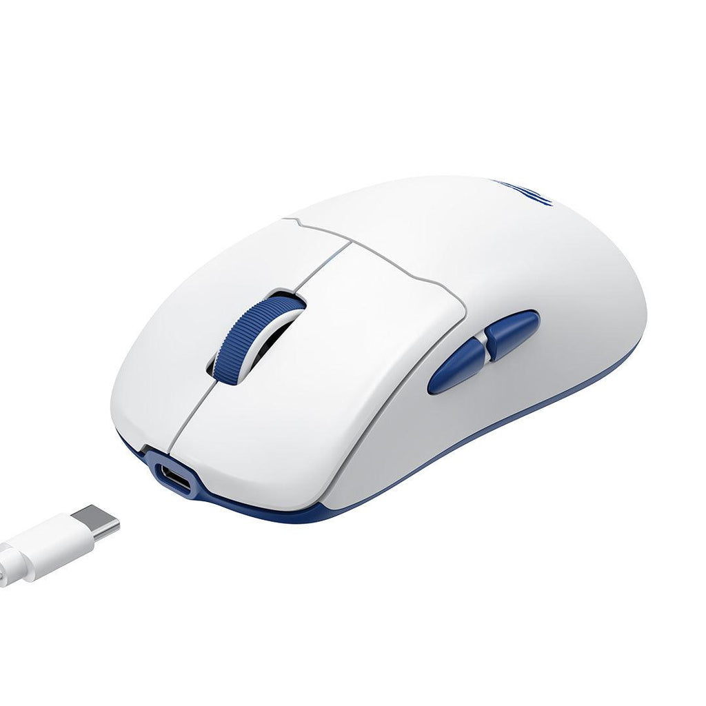 White and blue HAVIT Tri-Mode Gaming Mouse MS975WB with USB-C cable on white background