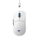 White HAVIT Tri-Mode Gaming Mouse MS975WB with blue scroll wheel and side buttons, USB-C cable connected
