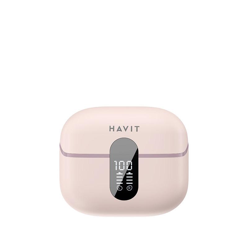 HAVIT TW943 PRO wireless earbuds charging case with digital battery display in beige color