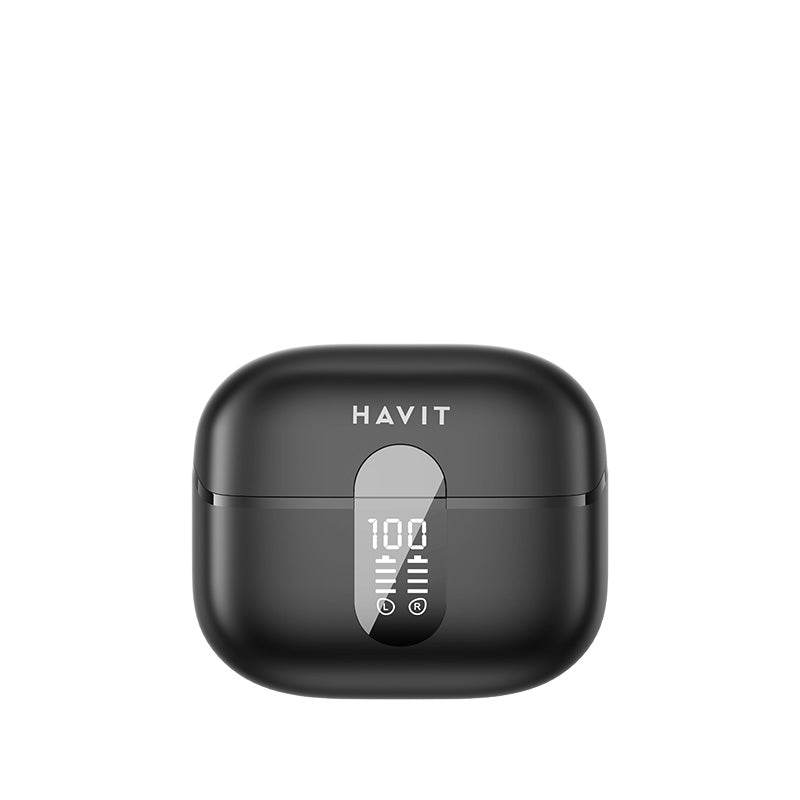HAVIT TW943 PRO black wireless earbuds charging case with digital battery display