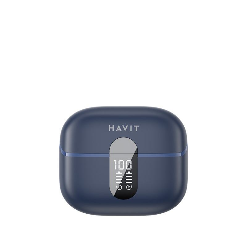 HAVIT TW943 PRO wireless earbuds charging case with digital battery display in dark blue color
