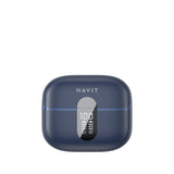 HAVIT TW943 PRO wireless earbuds charging case with digital battery display in dark blue color