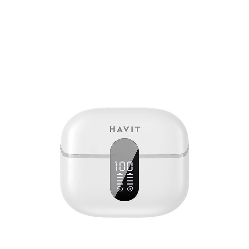 HAVIT TW943 PRO white wireless earbuds charging case with digital display